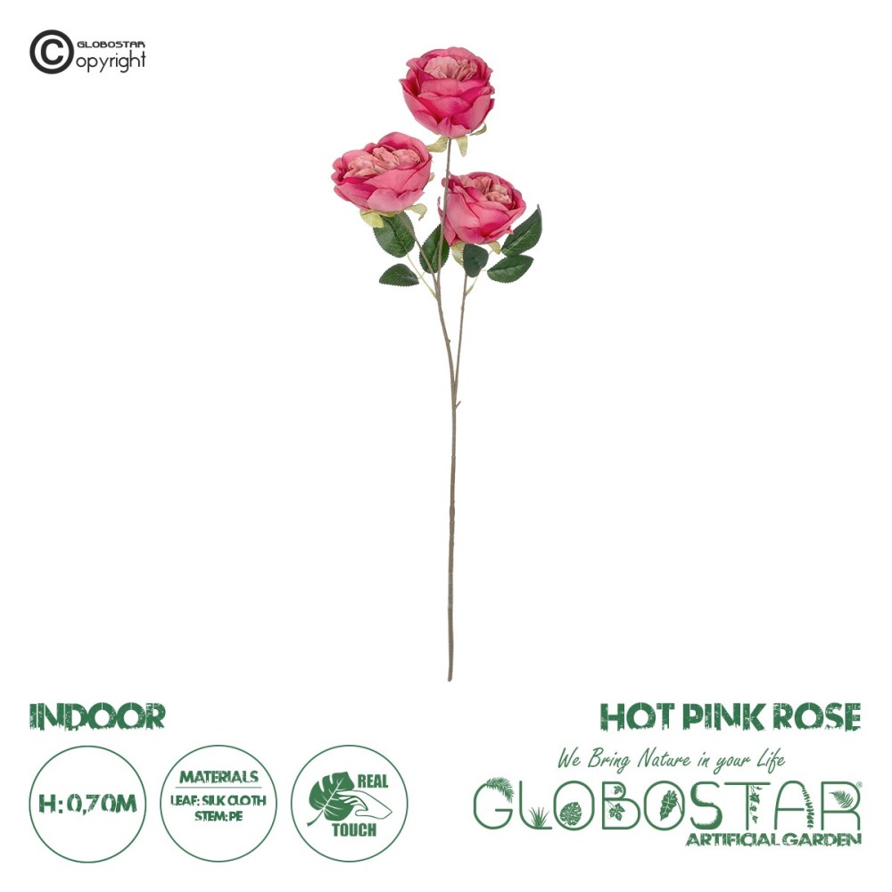 GloboStar® Artificial Garden HOT PINK ROSE BRANCH 21139 Τεχνητό Διακοσμητικό Κλαδί έντονο Ροζ Τριαντάφυλλο Y70cm